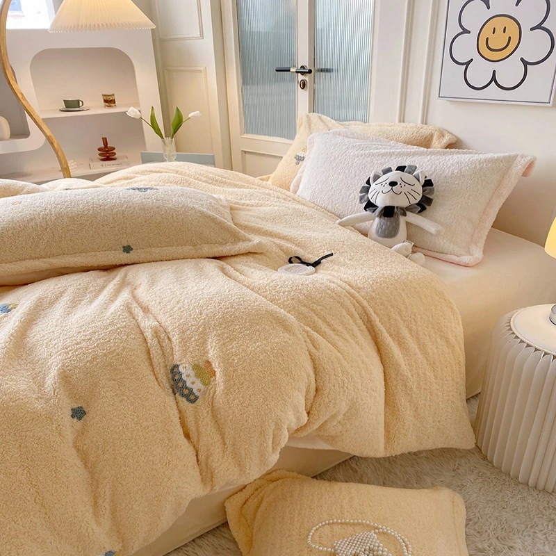 冬厚手テディベルベットイエロータオル刺繍クリスマスツリーミルクベルベット4点コーラルベルベットセット15m18m