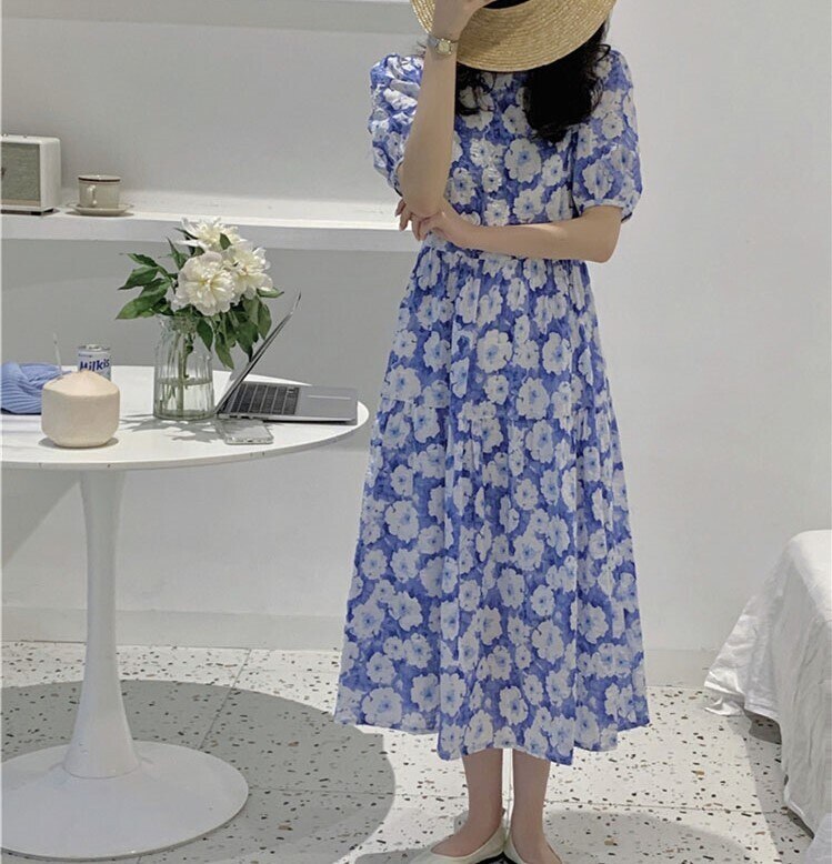 ワンピース 半袖 春夏 カジュアル ロング シャツワンピース ティアード ミモレ丈 ロング丈 五分袖 パフスリーブ ラウンドネック フレア Aライン ウエストマーク ファスナー 色展開 ブルー ワンサ