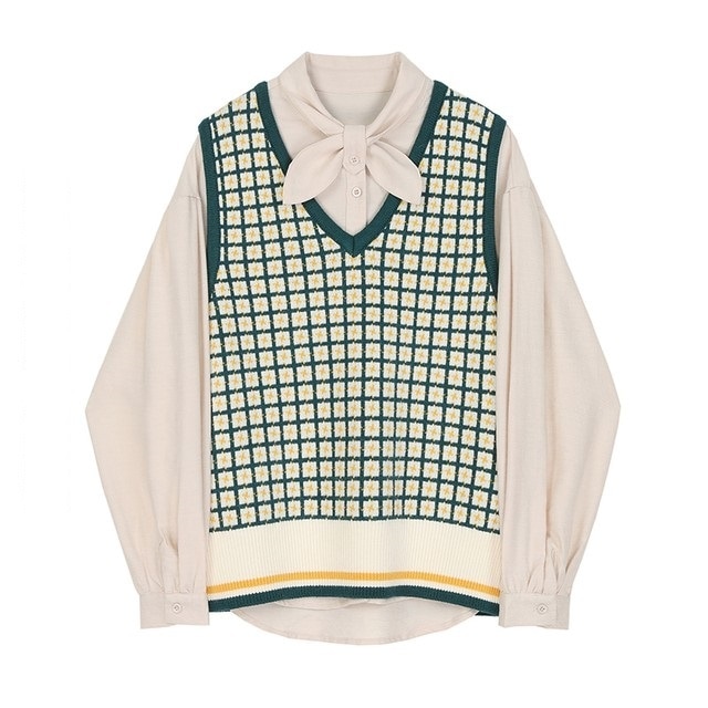 【送料無料】レディース 【セット】長袖リボンシャツ チェックニットベスト カジュアル