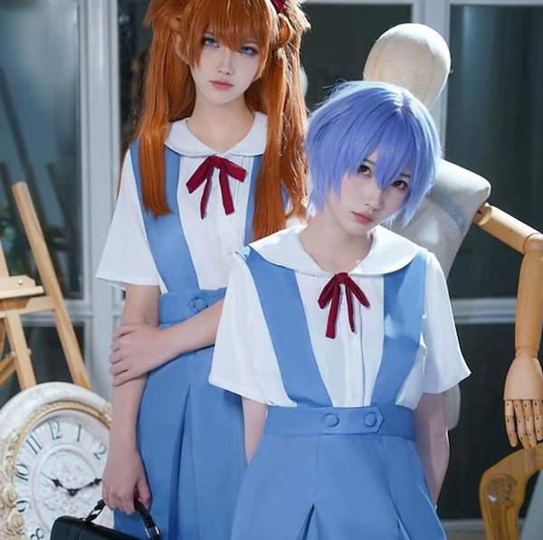 EVANGELION シャツ ジャンパースカート リボン コスプレ 白 空色 EVANGELION シャツ ジャンパースカート リボン コスプレ 白 空色