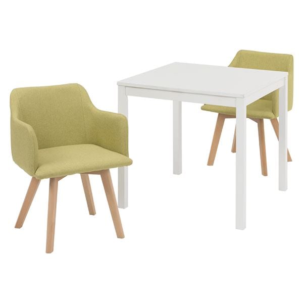 ダイニング3点セット[テーブル（75x75cm ホワイト）x１ 肘付きチェア（グリーン）x２]組立品