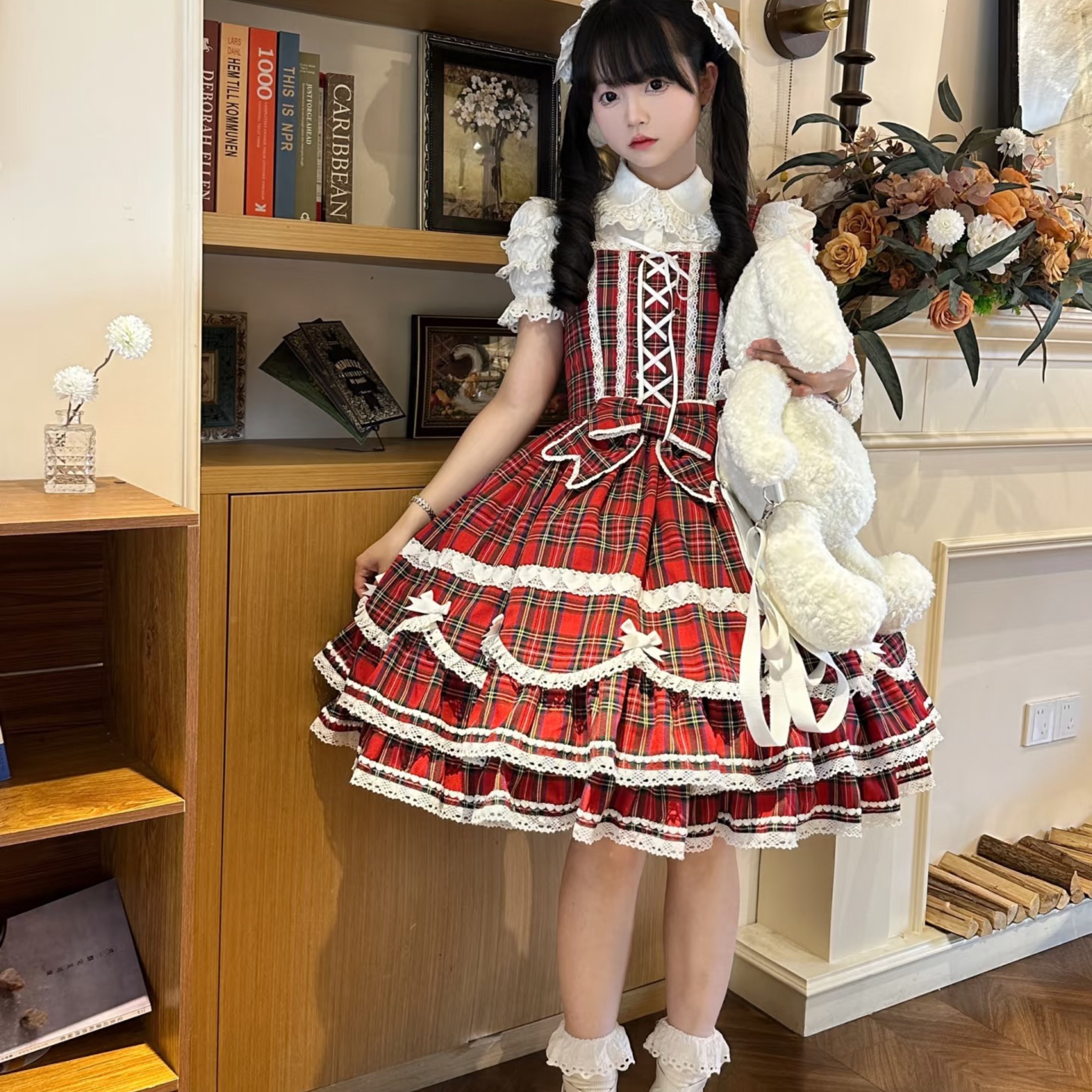 Lolita正規品格子子ストラップワンピースフランス式純欲小柄な小柄な腰を収めて痩せて見える蓬蓬餅姫スカート