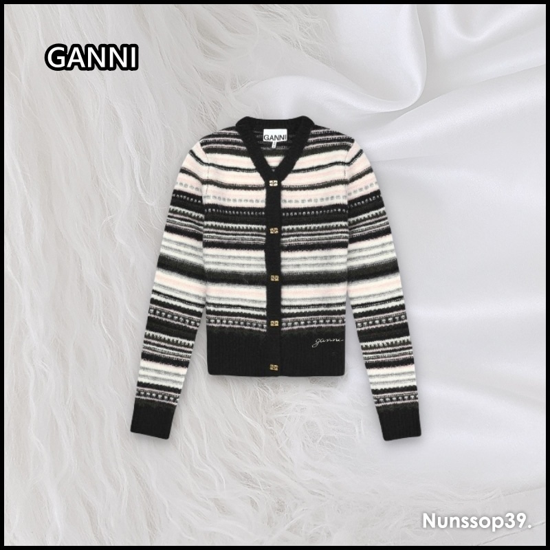 GANNI K2326 099 ソフトウール ストライプ カーディガン