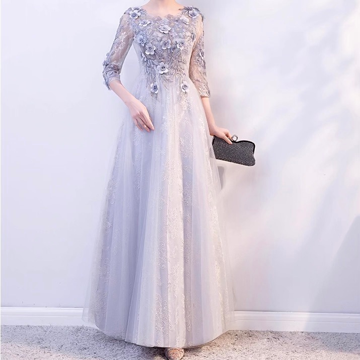 ドレス ワンピース ウェディング パーティー 結婚式 二次会 披露宴 演奏会 発表会 ステージ 舞台 フォーマル マキシ 7分袖 ラウンドネック フレア Aライン イブニング カジュアル レース 刺繍