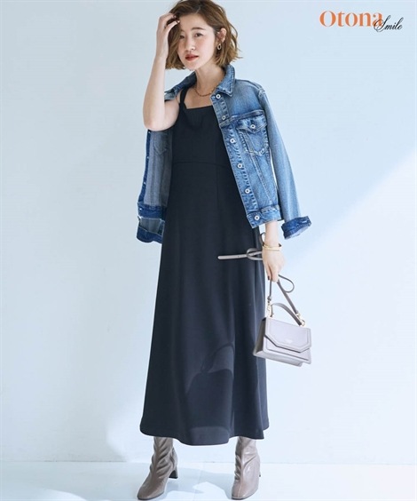 ロング・マキシ丈/半袖 大きいサイズ ハイウエスト切替キャミワンピース OtonaSMILE