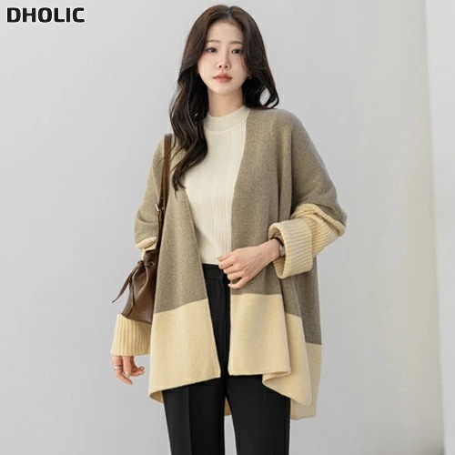 ウール混オーバーサイズロールアップショールカラー配色カラーカーディガン・1956382