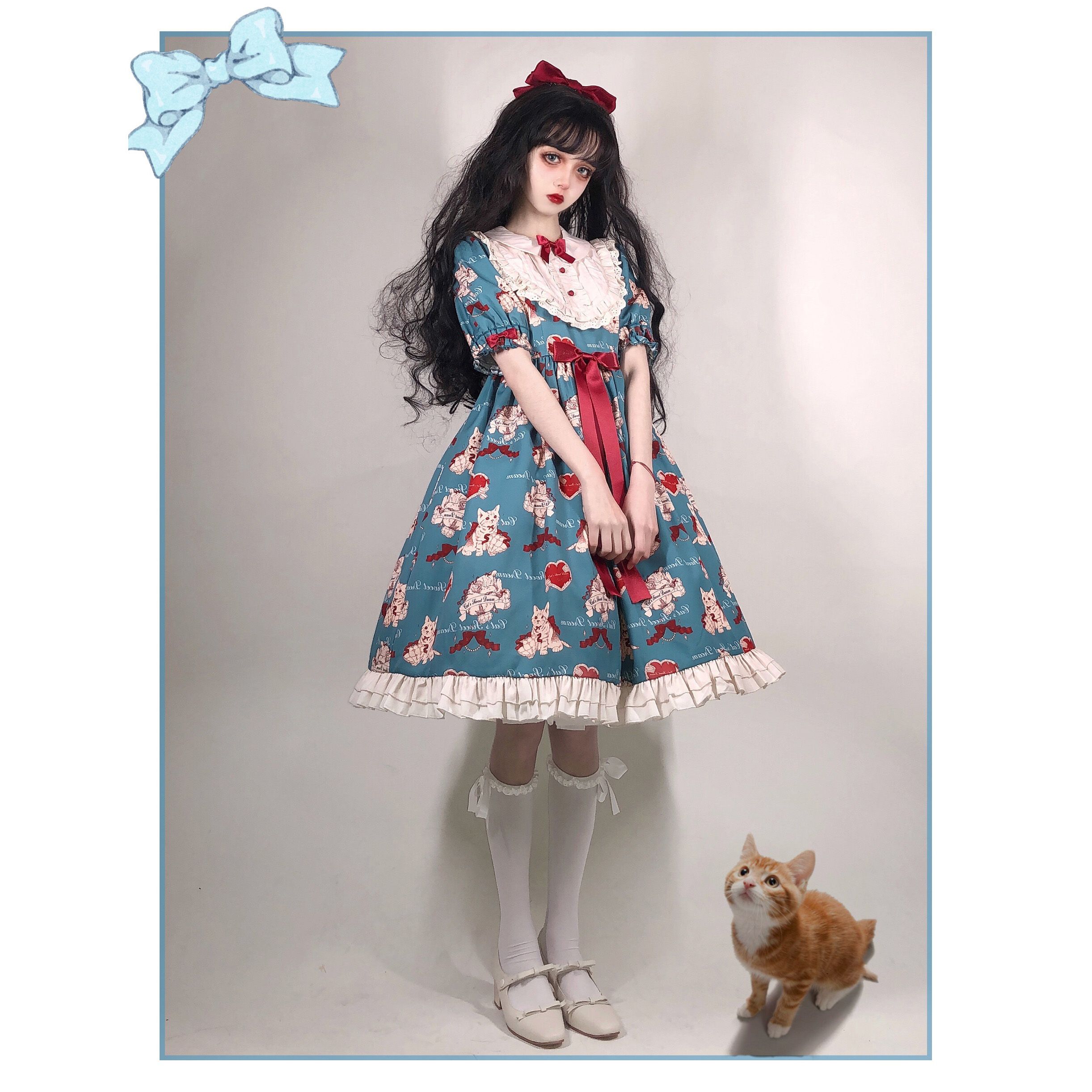 ドレス コスプレ レディースロリータスカートグレーグリーン*念願猫*ロリータ猫柄ワンピースOP ハロウイン 韓国ファッション