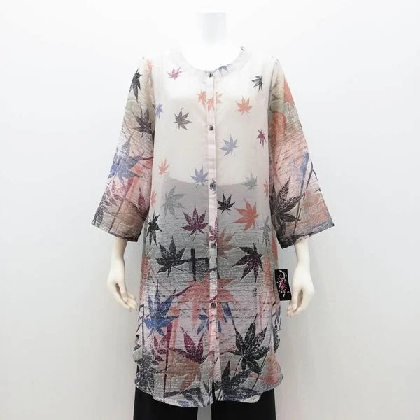 五分袖 七分袖 シャツ ブラウス トップス レディースファッション ハッパ柄 シアーブラウス 1枚で