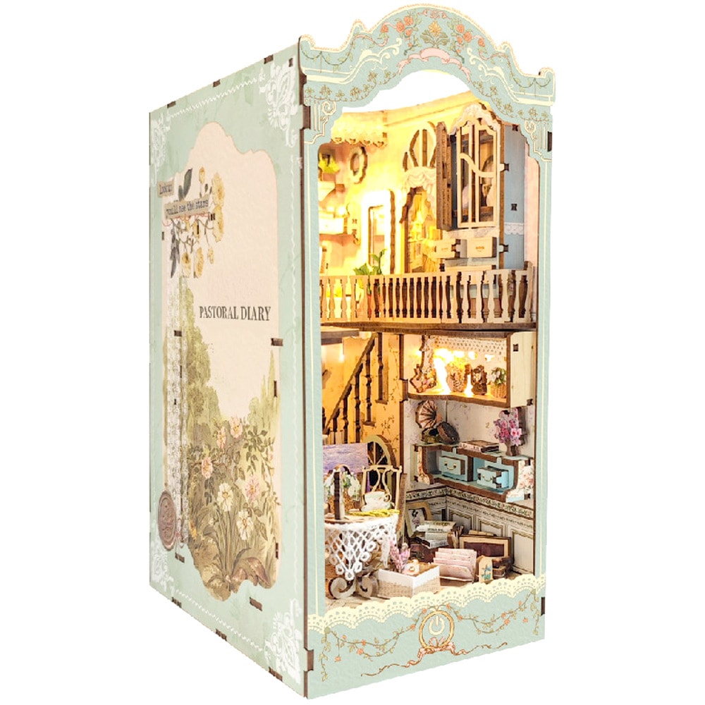 ドールハウス ミニチュア 手作りキット セット本型 ペーパークラフト ブックエンド 英語説明書 かんたん組立 本の中の街　カントリーサイド 花 フラワー 猫 美麗 クラシカル レトロ リアル タッチ式