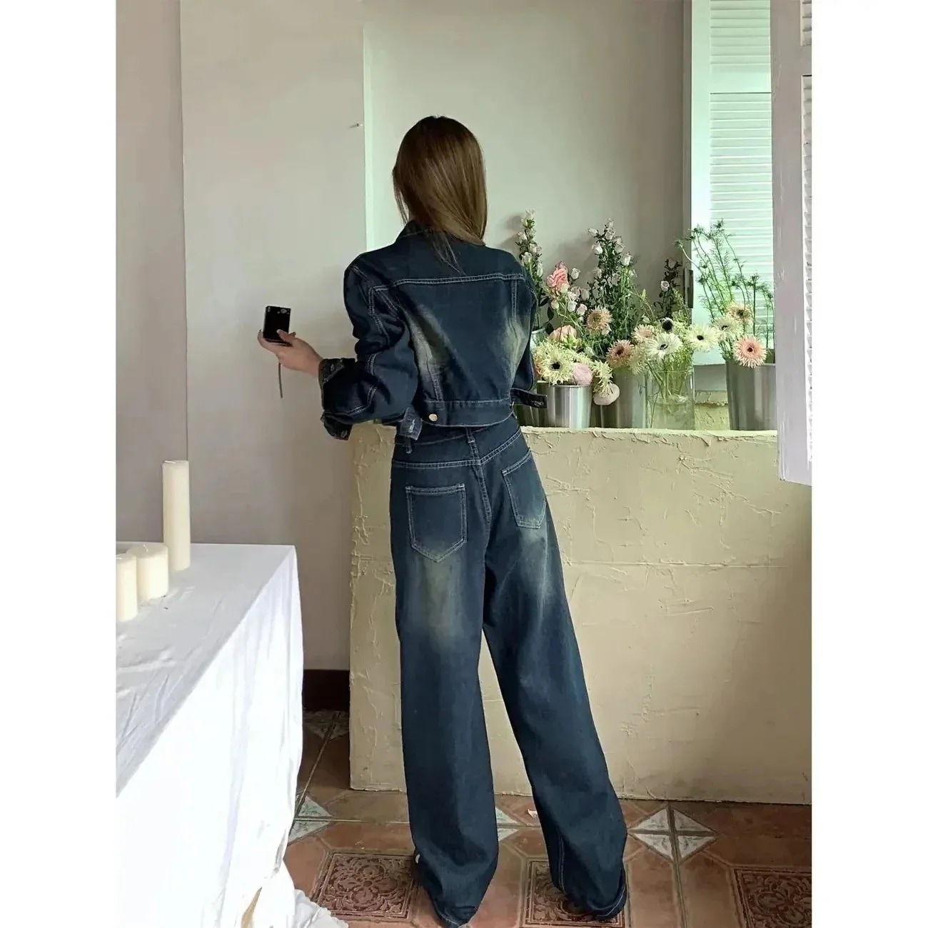 メガ割Qoo10-デニムセットアップ デニムジャケット デニムパンツ ジーンズ ワイドパンツ ストレート アウター 学生 カジュアル 上下セット