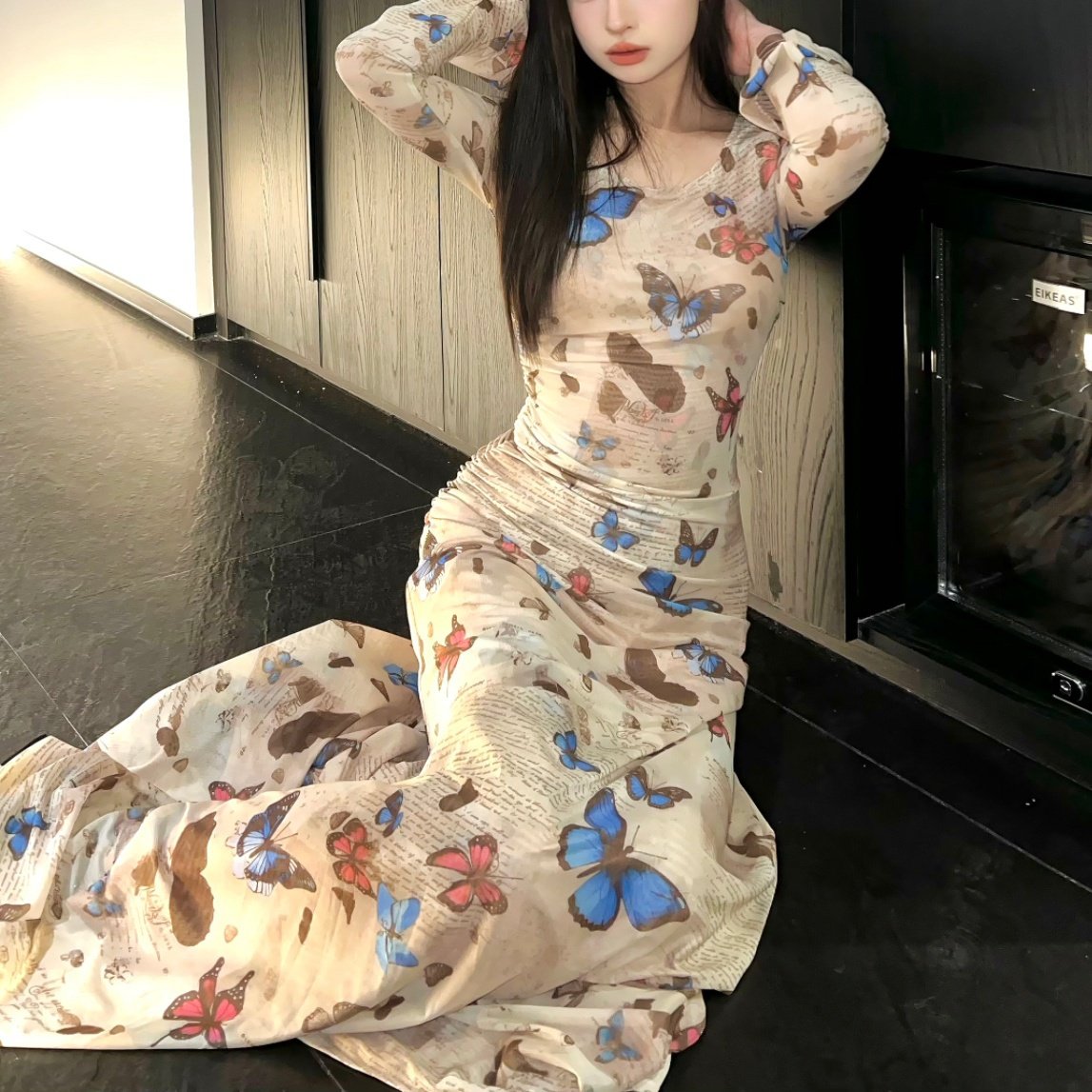 クイック レディース ワンピース マキシ 長袖 ラウンドネック フェミニン 大人可愛い きれいめ レトロ エレガント プリント 蝶 オールシーズン パーティー リゾート レストラン バカンス ホテル