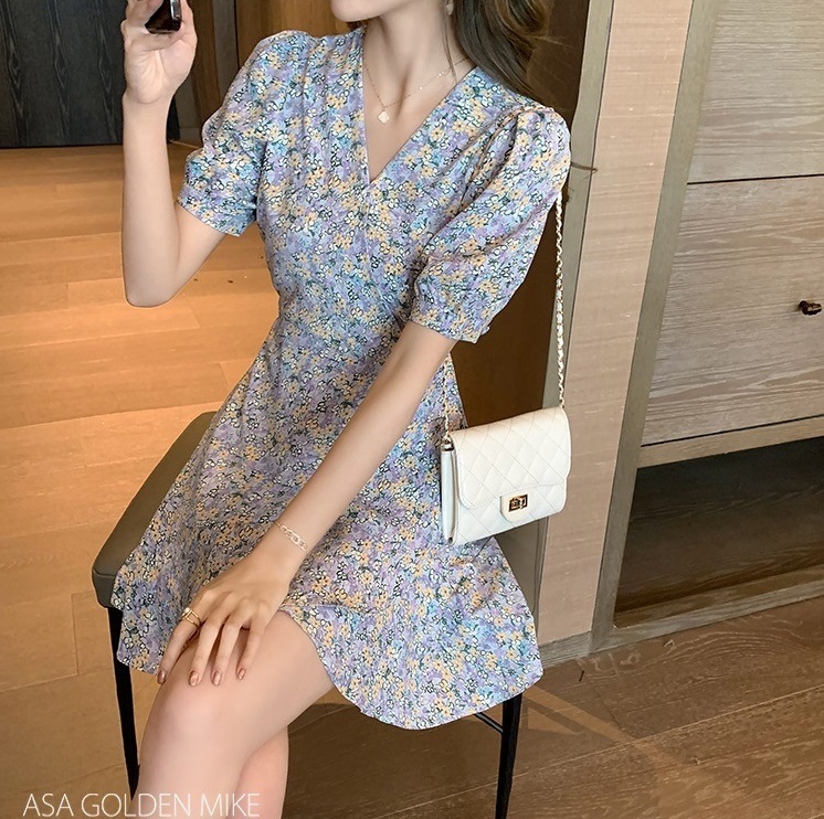 【送料無料】レディース 5カラー ワンピース ミニ丈 Vネック カシュクール パフスリーブ