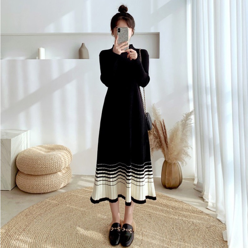 【1つ買うと10つ無料】秋と冬の怠なハーフネック長い首のゆるいニットセータースカートスカートエージ薄いニットドレス