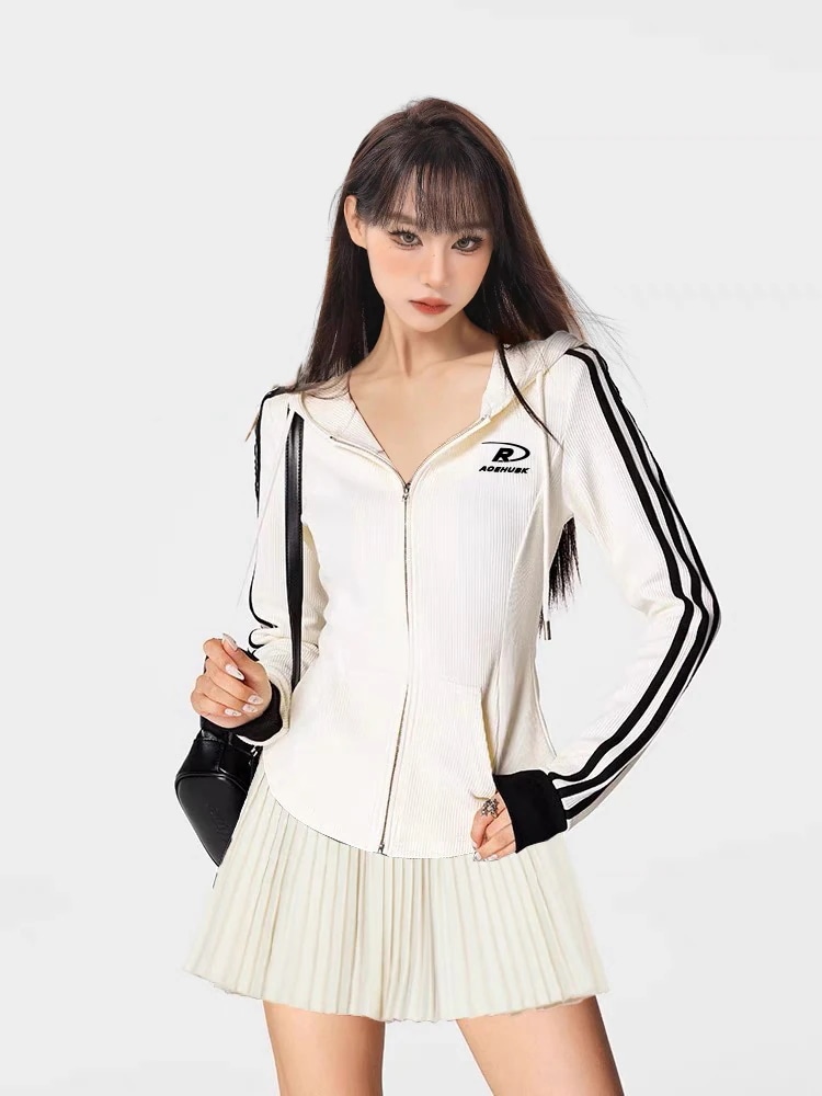 2025 春夏 韓国 かわいい レディース バイカラーフード付きフーディーアアウターブルゾン羽織りスポーティー配色コーデ 長袖トップススポーツサイドカジュアルファッション系フル丈トラック