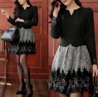 袖口レースワンピース ２ピース風 入学式 卒業式 謝恩会 フェミニン バイカラー レース柄スカート かわいい 結婚式二次会 お呼ばれ 2018年新作 婚活パーティー フォーマルドレス 披露宴