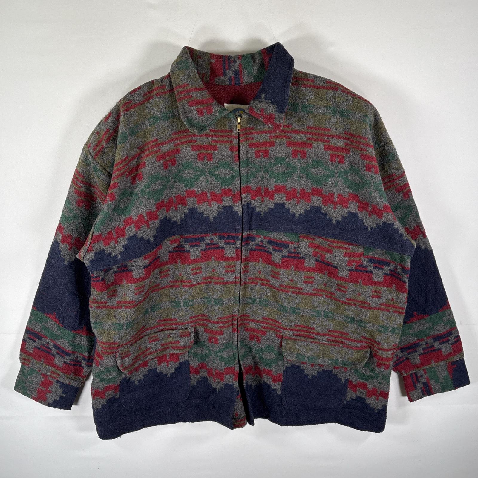 古着 90s/90年代 KUJJUAK ウールジャケット フルジップ ネイティブ柄 マルチカラー カーディガン 大きいサイズ XXL グレー メンズ