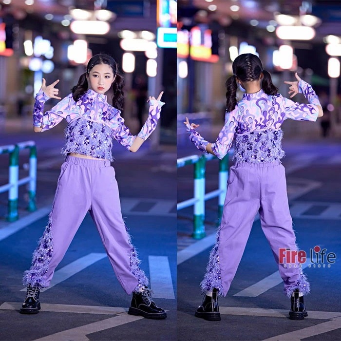 キッズダンス衣装 女の子 パープル セットアップ 子供服 ヒップホップ ダンスウェア 演出 個性的 女の子 ヒップホップ ジャズ 120～170cm