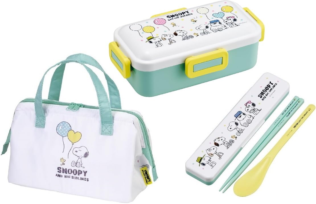 スケーター(Skater) PEANUTS バルーン 抗菌 食洗機対応 ふわっと弁当箱 1段 4点ロック お弁当箱 530ml コンビセット (お箸/スプーン) 保冷ランチバッグ がま口 風船 ピーナ