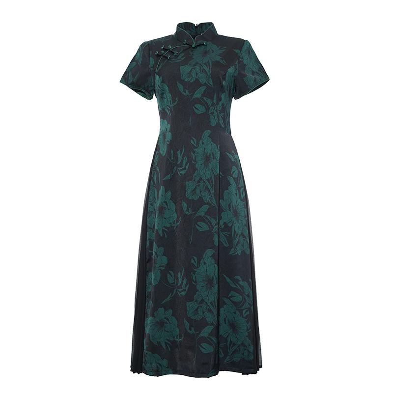 アオザイ チャイナドレス 夏 レディース ワンピース ギフト レトロ 中年 ティー グリーン レッド