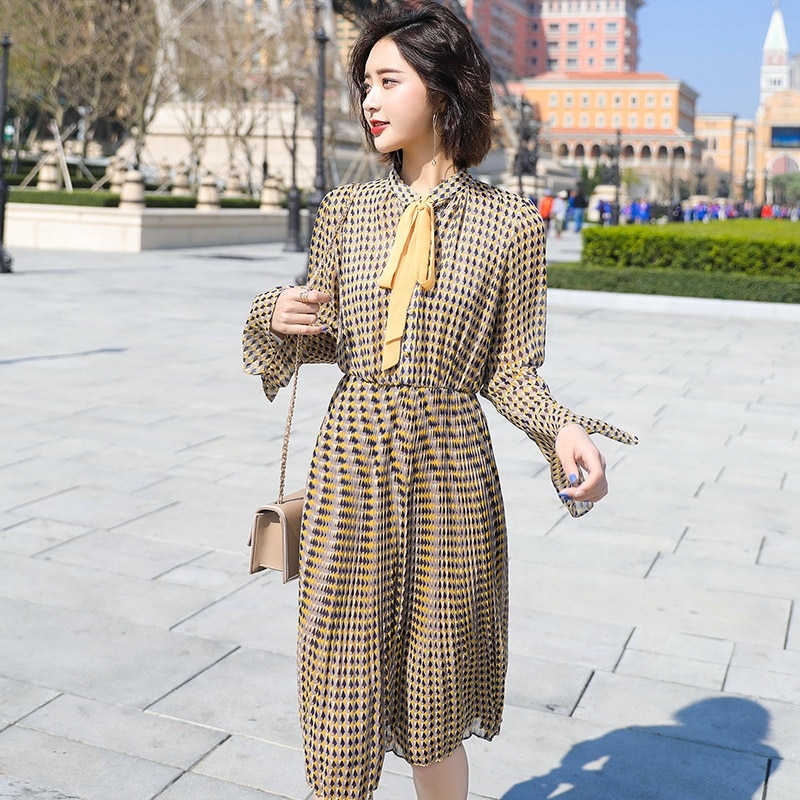 1928.レトロ柄シフォンワンピース（イエロー）2019 春夏 sale ドレス 長袖 ミディアムシャツワンピース エレガント お呼ばれ パーティー 結婚式 披露宴 女子会 レストラン デート