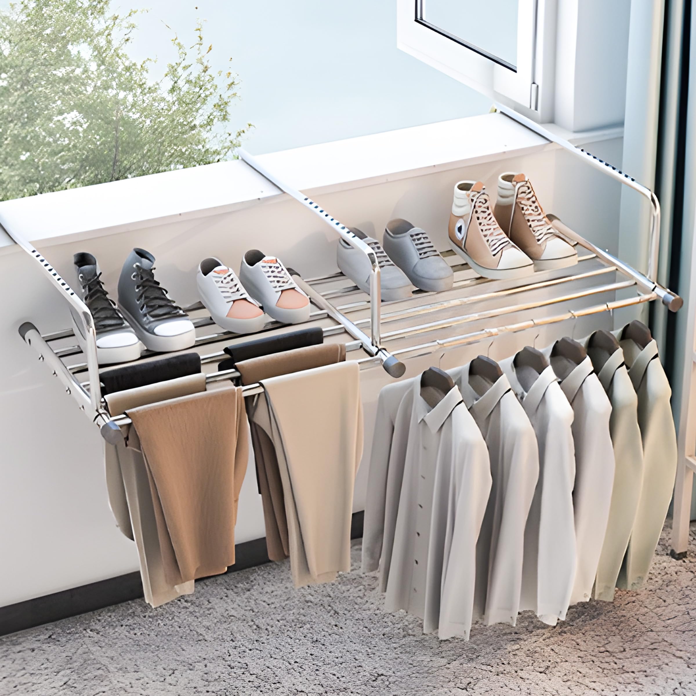 【伸縮自在】MOSEN COMDEVベランダ用物干しラック折り畳み式 洗濯物干し物干しスタンド軽量 ステンレス製 耐荷重25kg お洗濯干し87~160cm伸縮可能 窓枠物干し コンパクト 調整可能