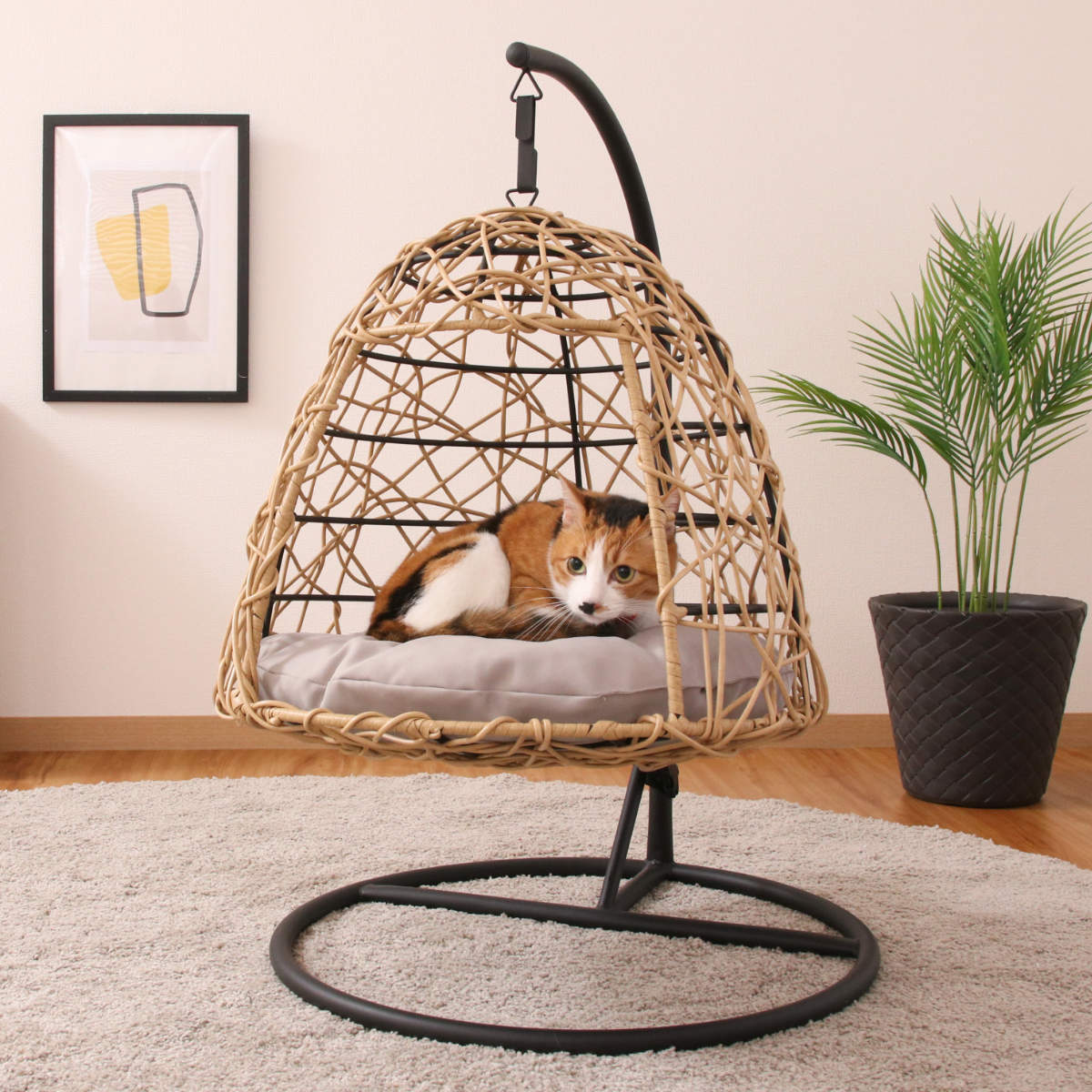 ペットベッド ハンギングチェア ペット用 ドーム型 吊り下げ ラタン調 猫 ペット ベッド 吊り下げ式 猫用 ねこ家具 キャットハウス ペット用ハンギングチェア ペットチェア クッション付