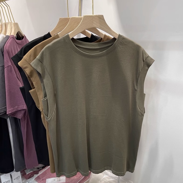 トップス Tシャツ 白シャツ ミディアム丈 袖なし ノースリーブ ラウンドネック 襟なし 綿 薄手 かわいい 大人可愛い シンプル カジュアル 大人 おしゃれ お洒落 大人女子 こなれ感 ラフ 無地