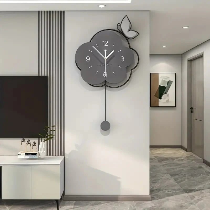 壁掛け時計 ウォールクロック フラワーモチーフ 蝶々 アナログ時計 サイレント 静音 おしゃれ 花 モノトーン シック ブラック シンプル 北欧 リビングルーム 寝室 インテリア 贈り物