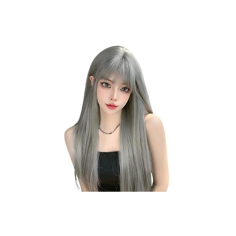 Hawkko ウィッグ ロング ストレート かつら フルウィッグ 自然 コスプレ ぱっつん レディーズ カツラ wig 小顔 人気 耐熱 wig 原宿系 ファッション ネット付き（シルバーグレー）