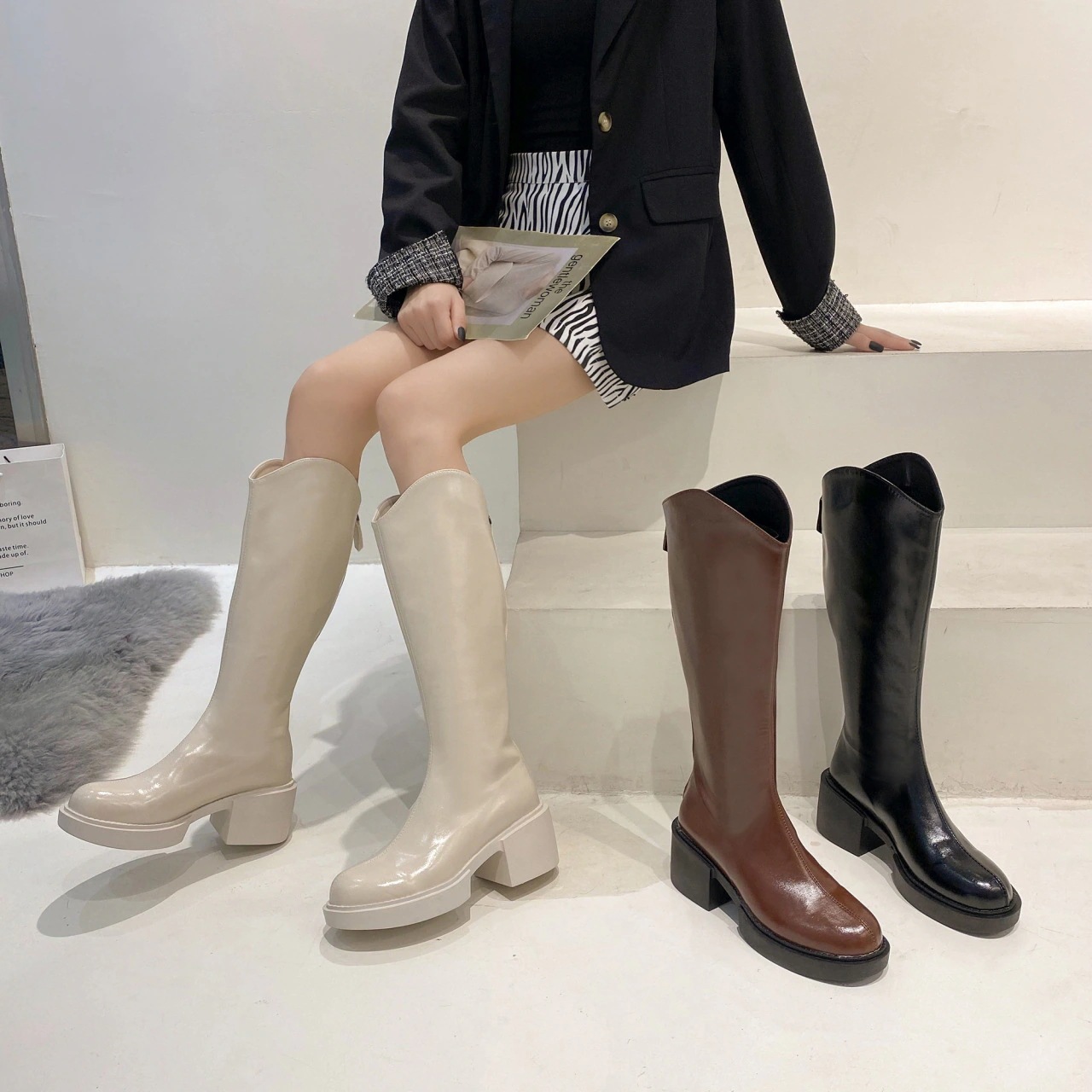 ジョッキーブーツ レディース ロングブーツ チャンキーヒール 7cm ブーツ ムートン 裏起毛 美脚 脚長　裏起毛ブーツ ラウンドトゥ