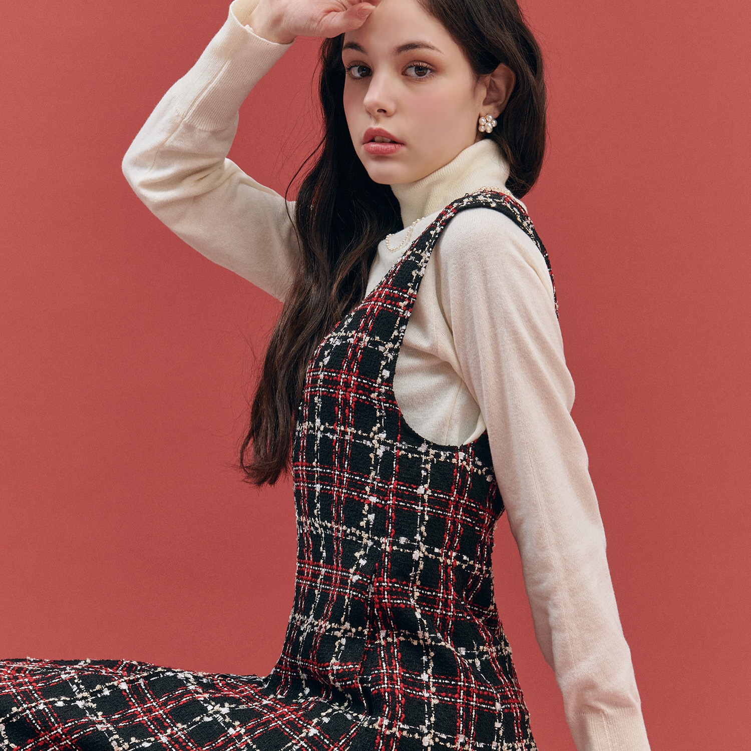 V-NECK PINTUCK TWEED ONEPIECE / RED