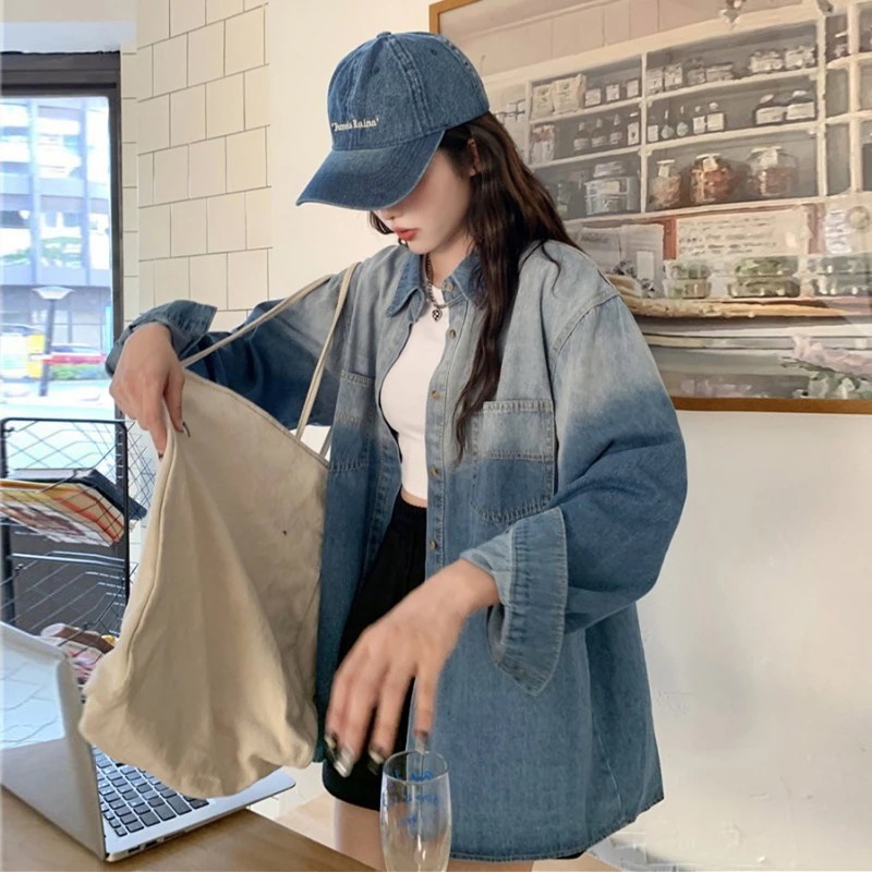 23ニュースタイル グラーデション デニム シャツ 気質 シャツ ゆったり BF 長袖 アウター トップス 着痩せ 今っぽシアーシャツ 5,498円