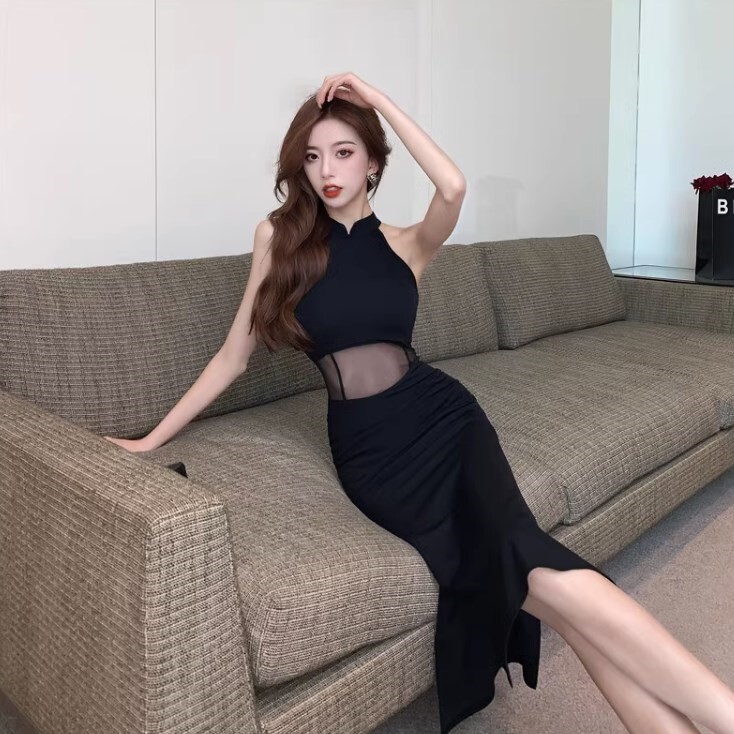 パーティドレス キャバドレス イブニングドレス ミモレ丈 袖なし ノースリーブ ハイネック スレンダーライン シフォン フリル ウエストマーク スリット サイドスリット シースルー きれいめ 大人