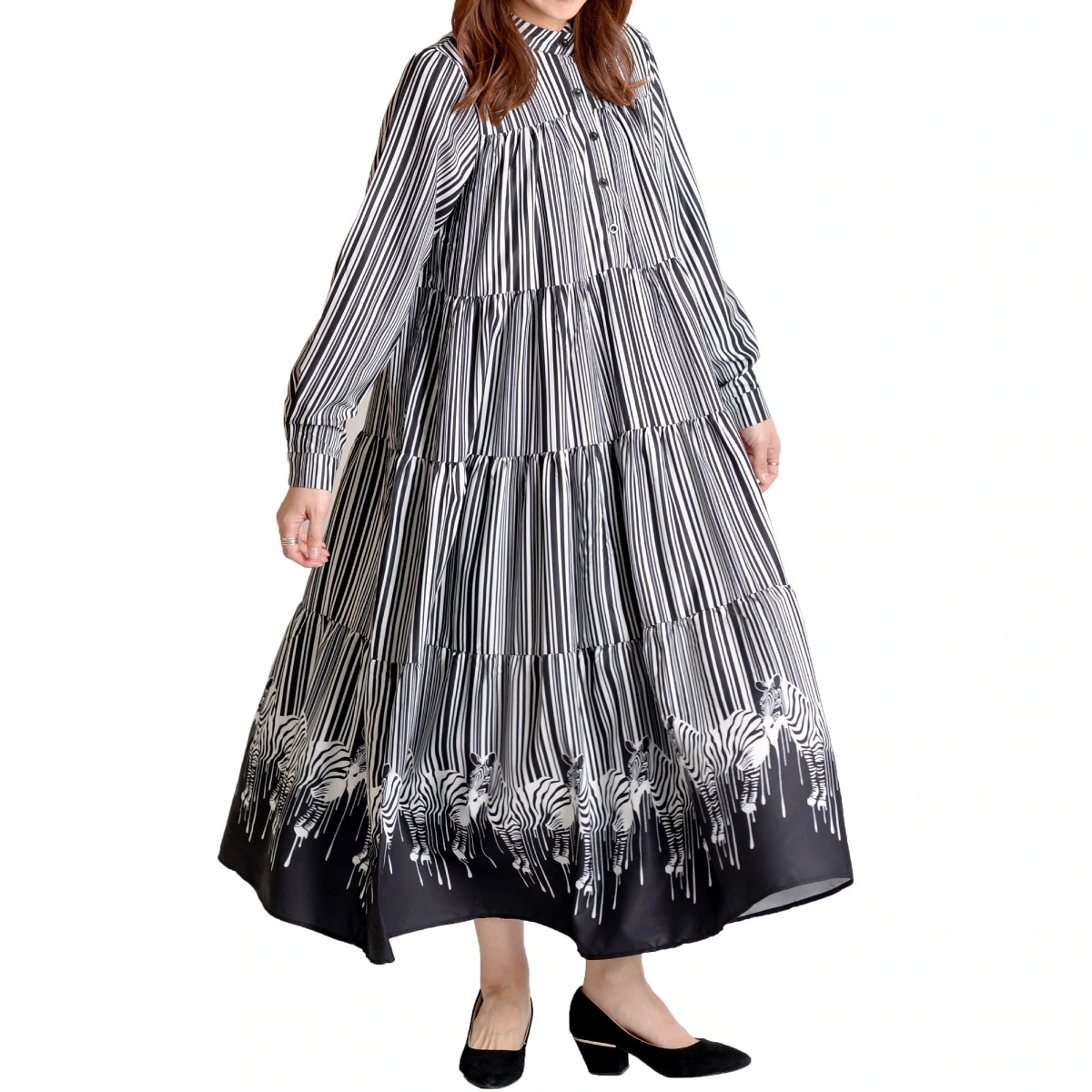 ロングワンピース シャツワンピース レディース アニマル柄 ゼブラ ロング マキシ 長袖 印象深い大人のスタイルゼブラ柄ティアードロングワンピース ティアード Ａライン フレア フレアワンピース モ