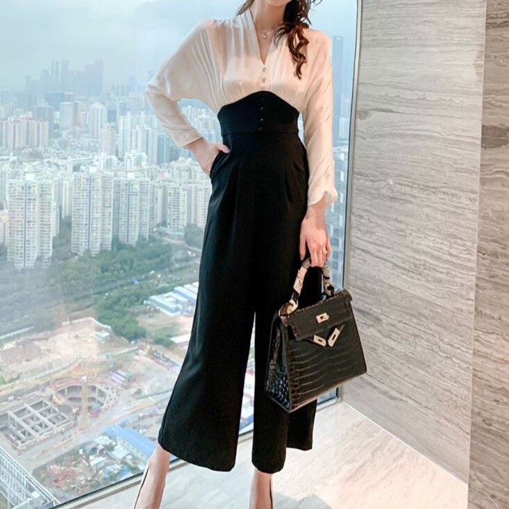 オールインワン オールインワンレディース サロペット ワイドパンツ レディース ロンパース スーツ ハイウエスト Vネック フォーマル 白 黒 長袖 サテン 切り替え きれいめ 上品 エレガント ラグ