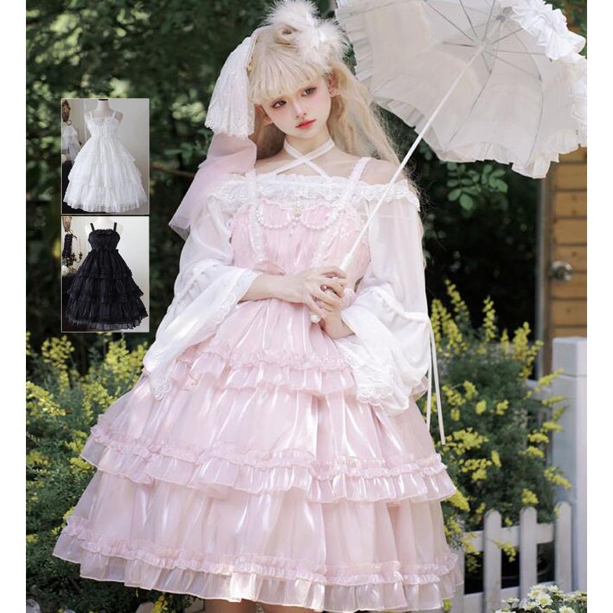 （仕上げが細かい）ジャンパースカート ロリータ ワンピース キャミソール 膝丈 ミドル丈 お姫様 フリル 可愛い ゴスロリ ロリータドレス ふんわり 光沢 甘ロリ ロリータ服 レディ