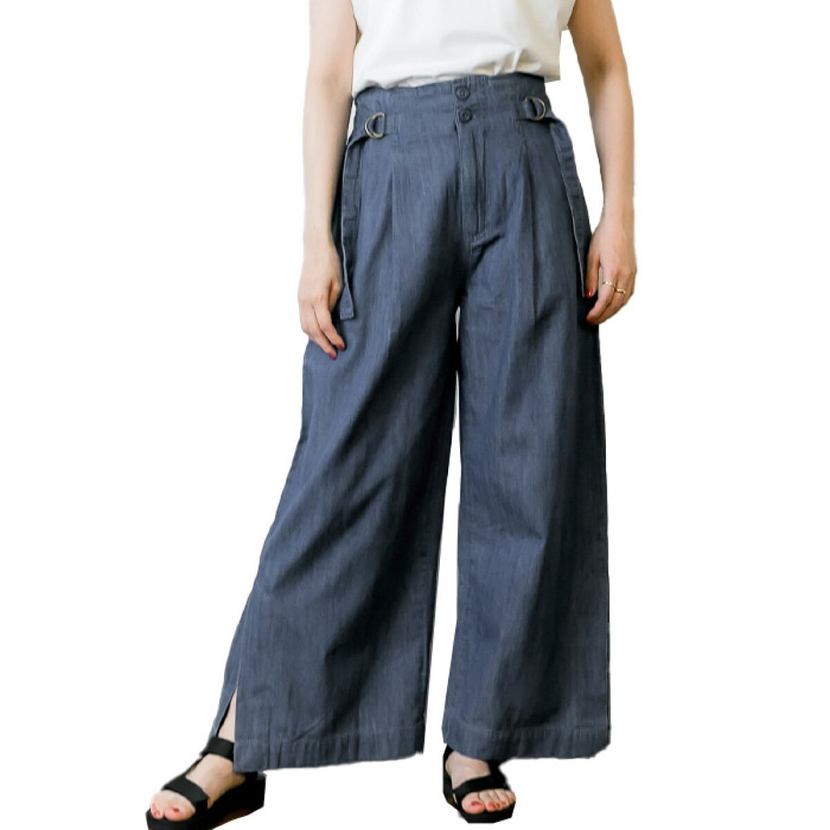 デニム レディース メンズ フレアパンツ ワイドパンツ スリット おしゃれって実は毎日のことなんだデニム裾ベンツワイドパンツ 大きいサイズ ボトムス ジーンズ タックパンツ ガウチョ ウエストゴム