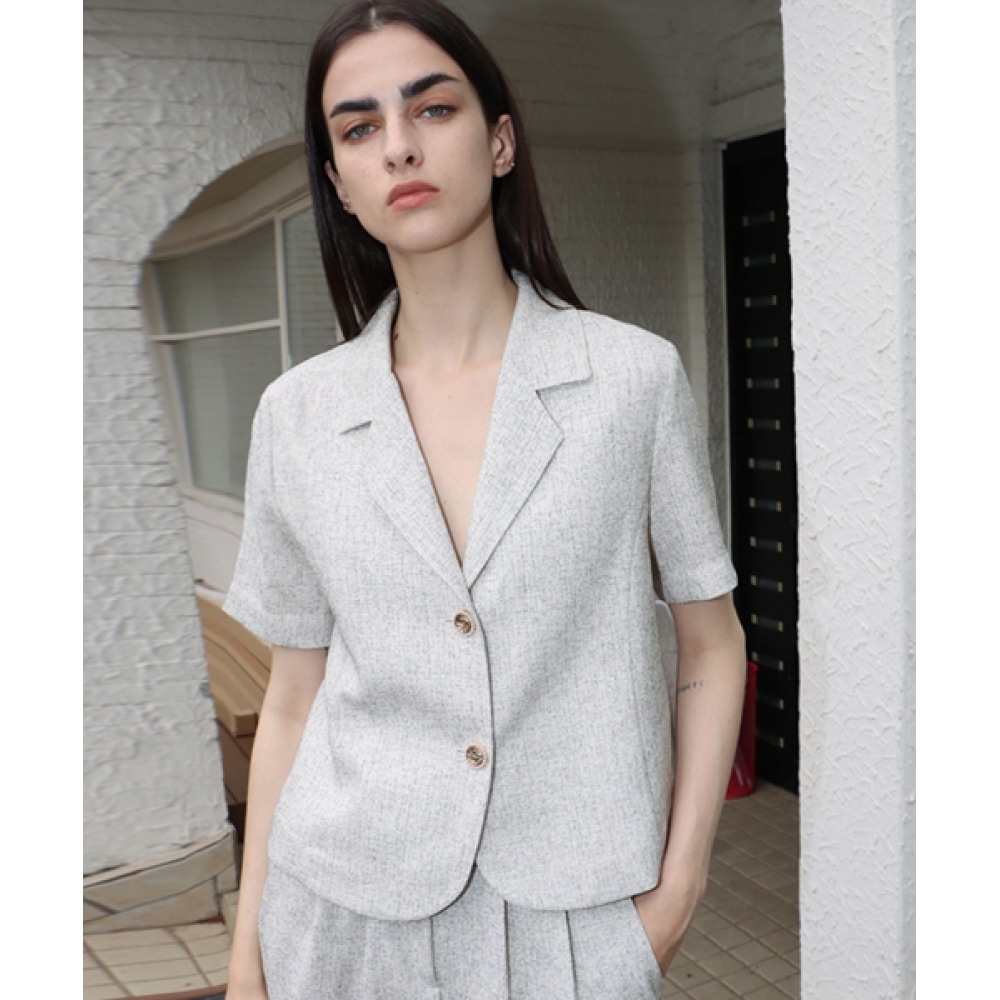 DAMAGE MNEMONICファンシーツイードメランジアイボリー半袖ジャケット_ Fancy Tweed Melange IV JK