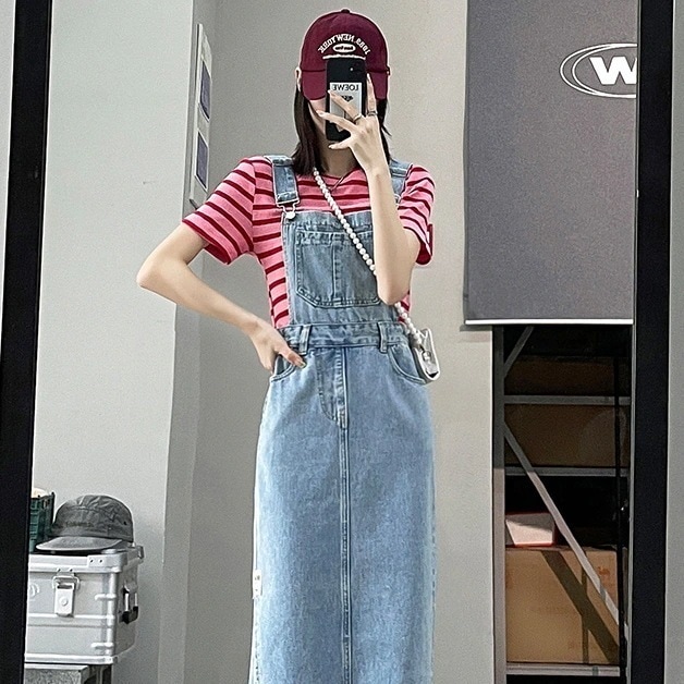 スカート ワンピース デニムスカート ロング ロング丈 細身 ストレート スリット サイドスリット 綿 デニム ニット かわいい シンプル おしゃれ ラフ メンズライク マニッシュ ボーイッシュ