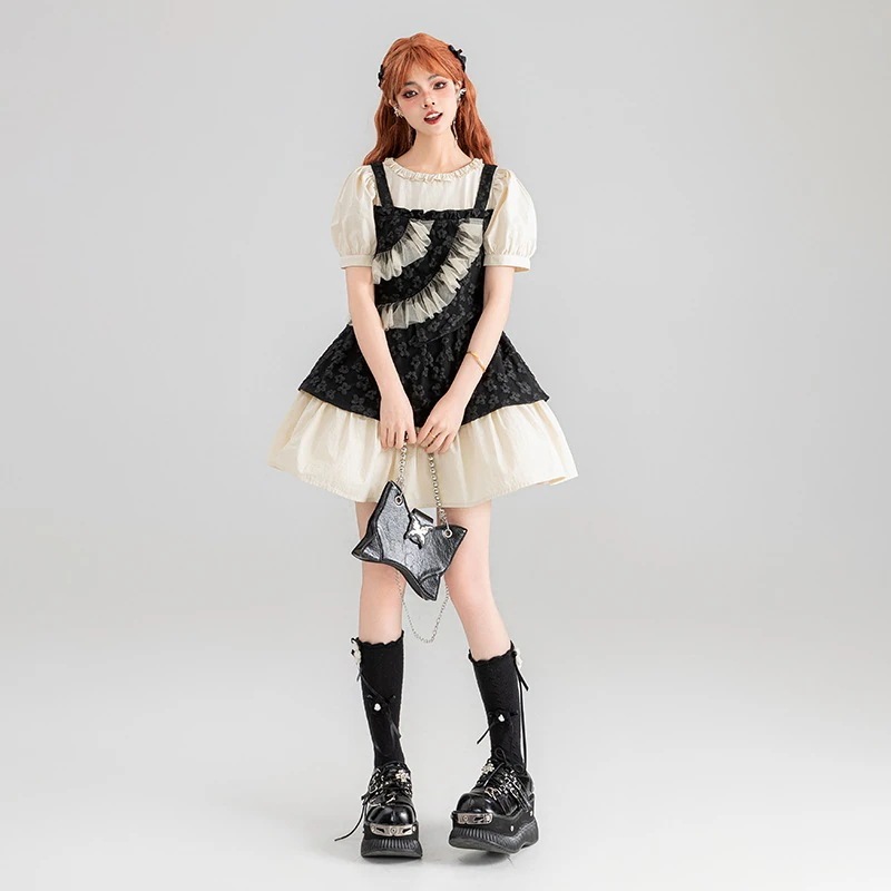 【高品質です】ティーブレイク ツーピースドレス 2024夏 ハイエンドジャガード 着痩せ 配色aラインスカート