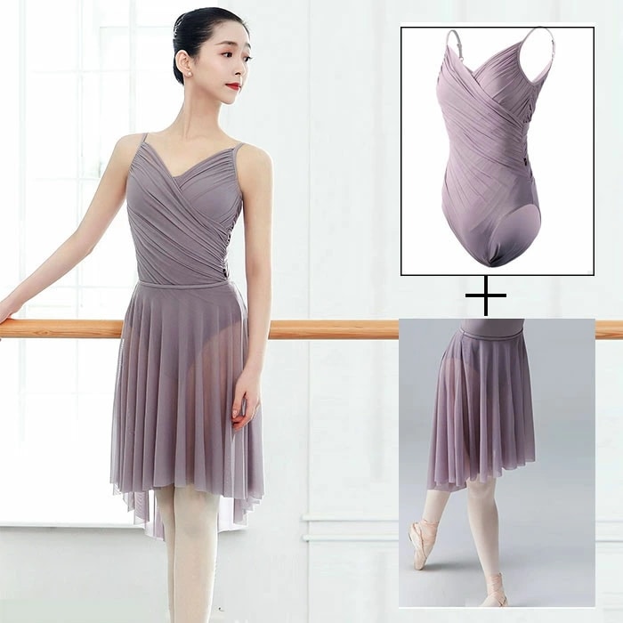 バレエ レオタード 大人 スカート付き スカートあり キャミソール ストレッチメッシュ エレガント Vネック 大人用 バレエレオタード おしゃれ 大人のレオタード 胸パッドポケット付き 大人バレエ レ