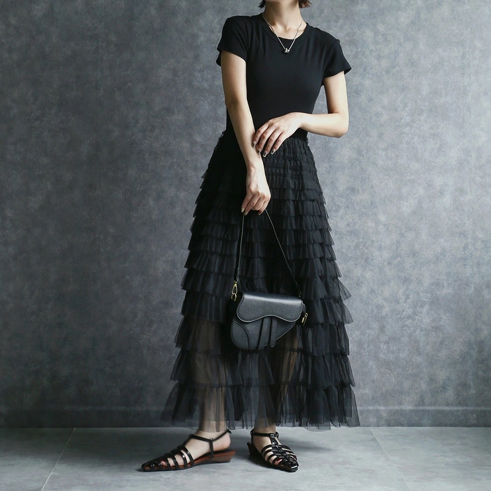 ワンピース ティアードワンピース 半袖 ティアードスカートフレンチスリーブワンピース フレンチスリーブ 半袖 黒 夏 春 かわいい シンプル 5,082円
