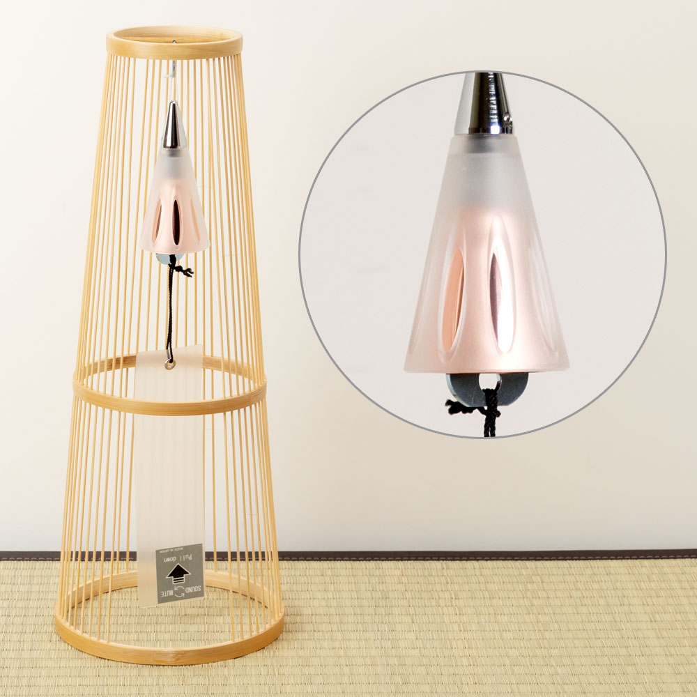 駿河竹千筋細工x東京ベル　置き風鈴（ピンクゴールド・ショート）　消音機能付き竹細工の置き風鈴