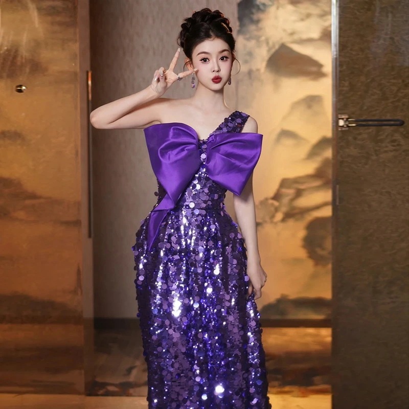 イブニングドレス ロングドレス パープル ワンショルダー リボン オシャレ キラキラドレス スパンコール 発表会ドレス 紫色 パーティードレス ロング Aライン XS S M L XL XXL XXX