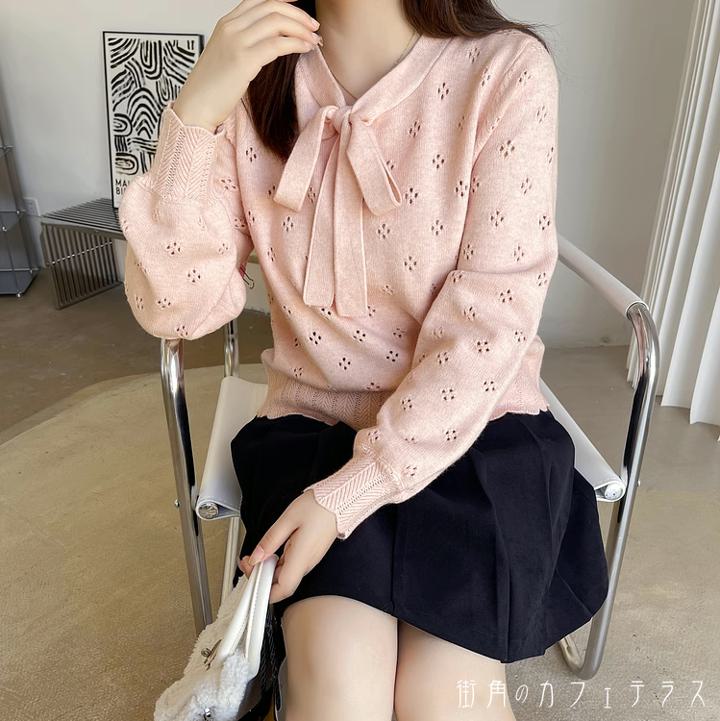 レディース トップス ニット キュート リボン 模様編み 大人可愛い こなれ感 シンプル キレイめ 着回し 大人可愛い フェミニン 長袖 ピンク ベージュ 20代 30代 40代 通勤 通学 オフィス