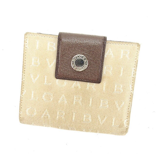 Wホック財布 二つ折り財布 ロゴマニア ベージュ ブラウン シルバー 中古