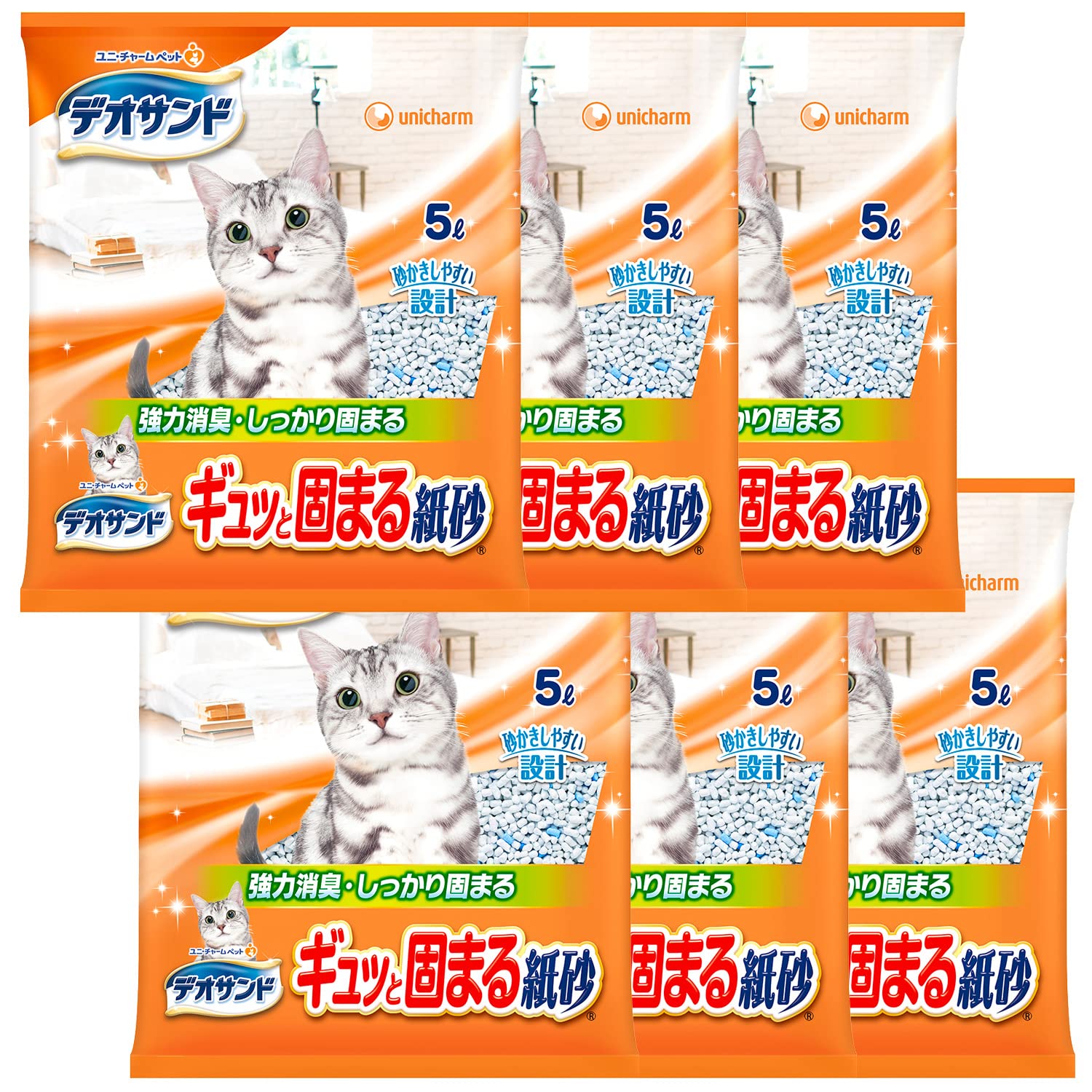 【まとめ買い】デオサンド 猫用 サンド ギュッと固まる 紙砂 30L(5L×6) おしっこ ペット用品 ユニチャームその他