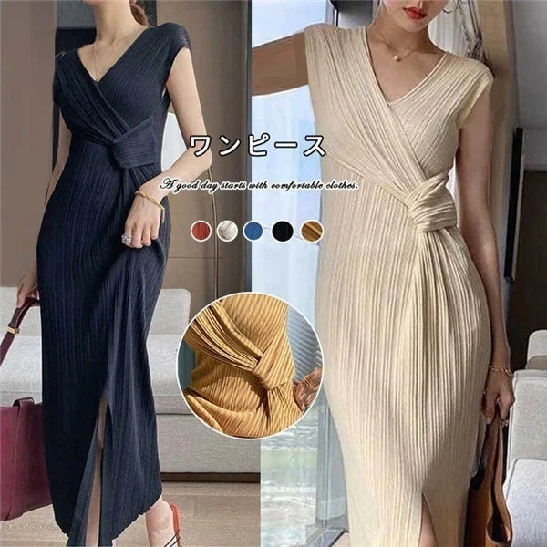 デコルテきれい！Vネック タイトワンピース ニット ワンピース リブニット レディース ワンピ セーター 可愛い 大きいサイズ お嬢様 セクシー 重ね着 着回し 膝下 きれいめ おしゃれ あったか 韓