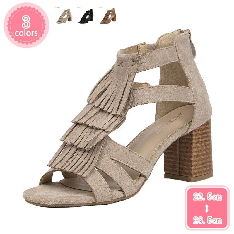 1000円OFFクーポン サンダル レディース タッセル グラディエーターサンダル オープントゥ 太ヒール ブーツサンダル バックジッパー ハイヒール 美脚サンダル 大きいサイズ 歩きやすい 滑り止め 11,892円