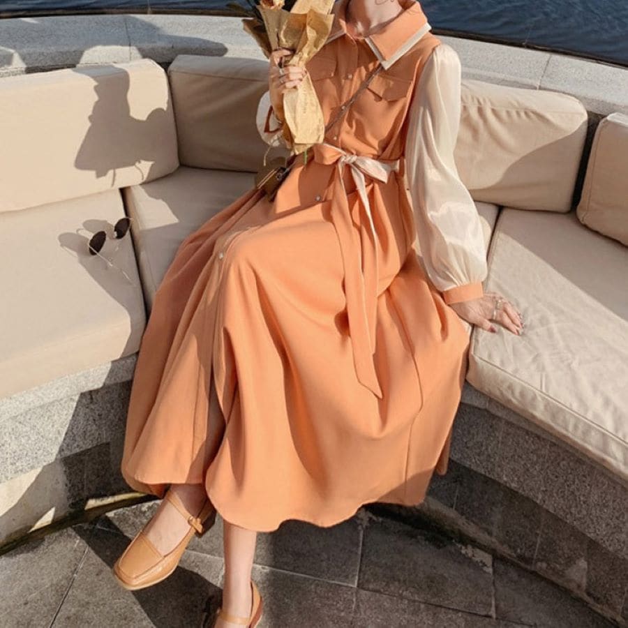 高品質 ワンピース ドレス 長袖 フレンチパフスリーブ 9883